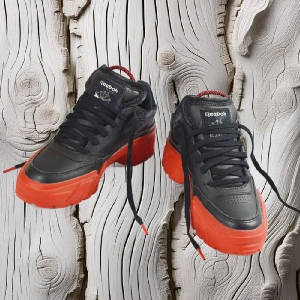 Reebok Club C Cardi Black Contrast Red Platform Leather Lace-Up, Size 6.5